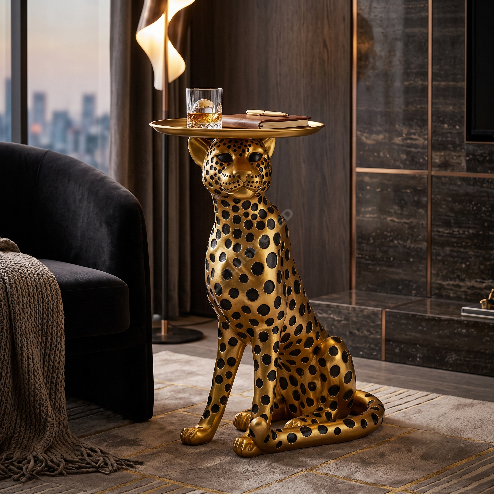 Statueta Decorativa cu Masuta Golden Leopard 63CM