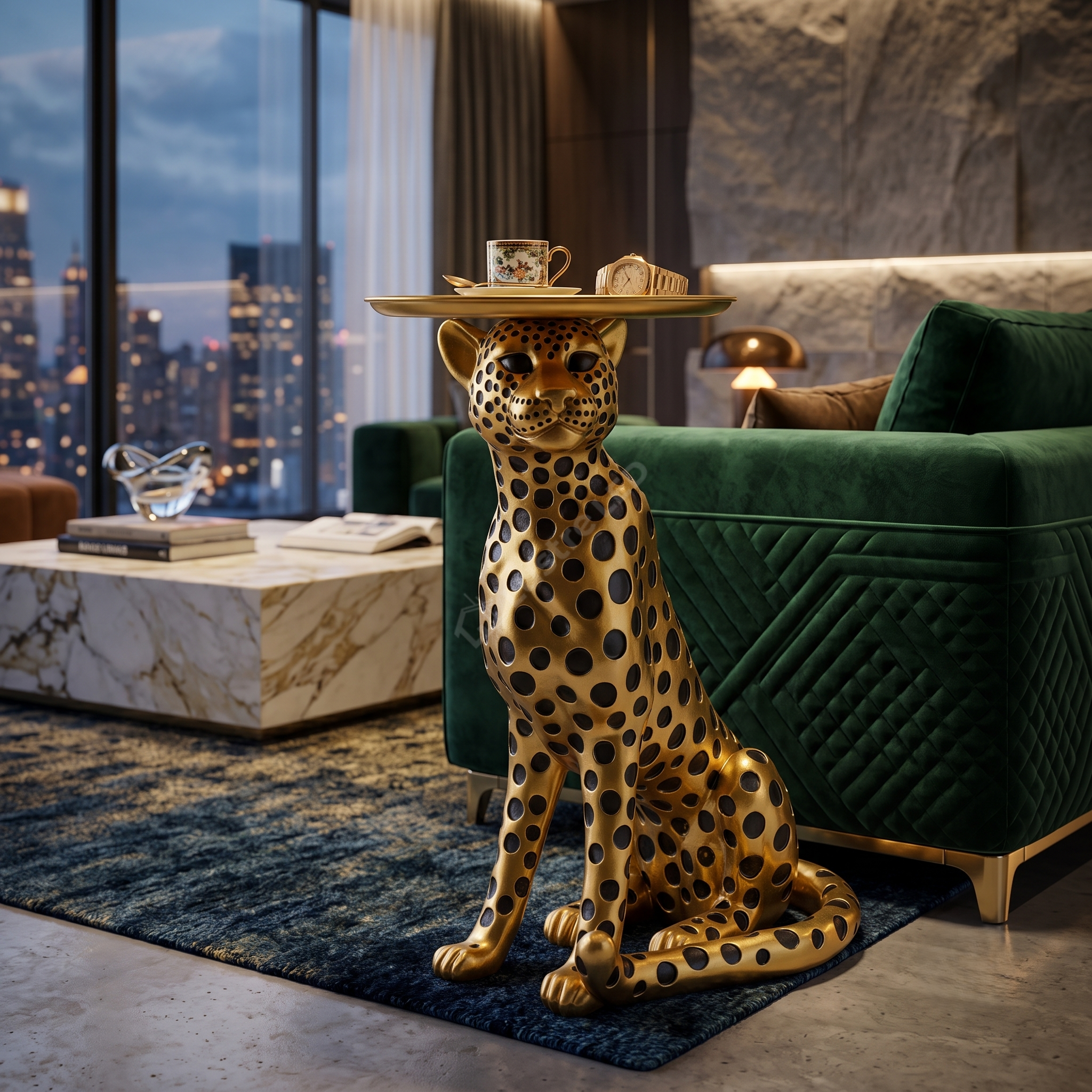 Statueta Decorativa cu Masuta Golden Leopard 63CM