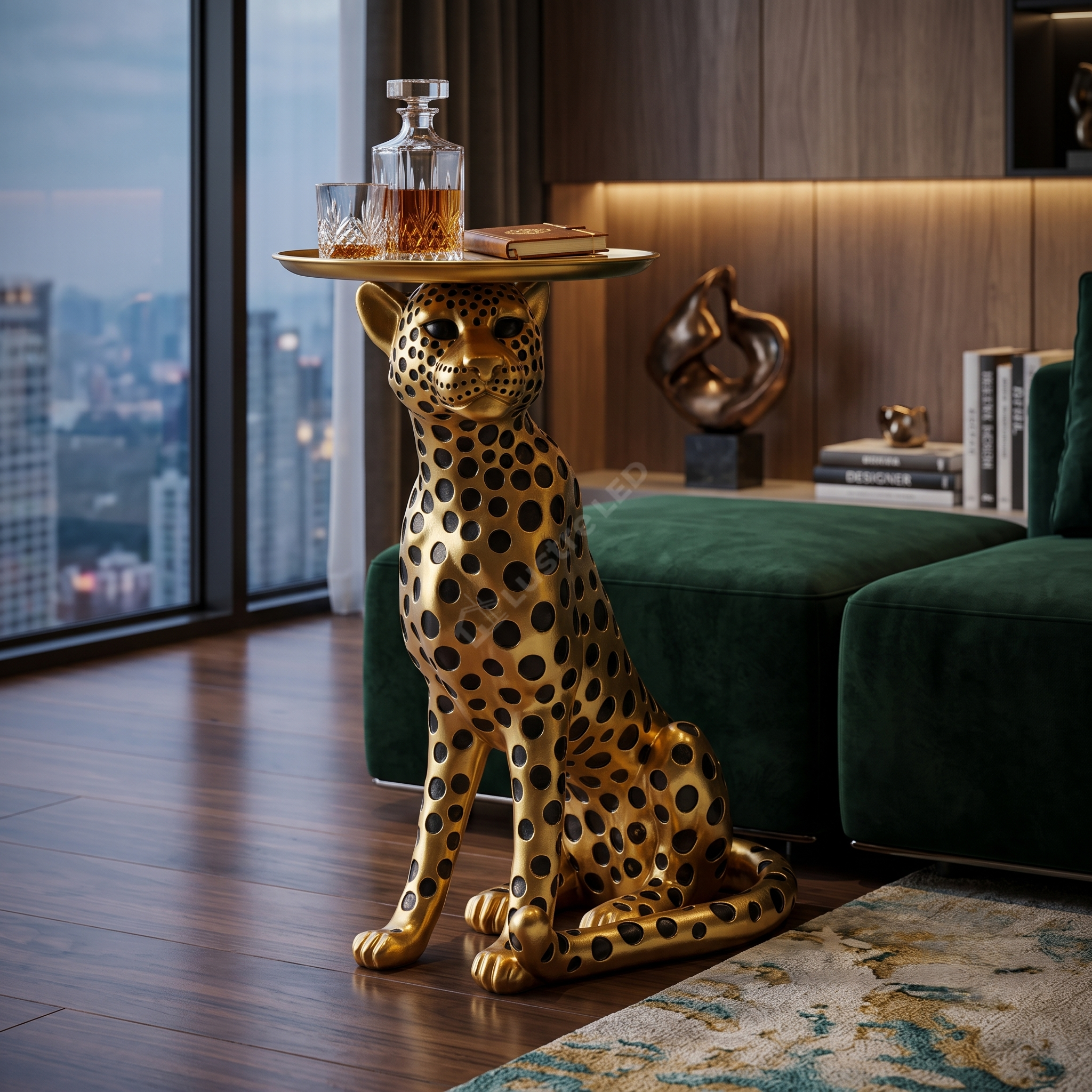 Statueta Decorativa cu Masuta Golden Leopard 63CM