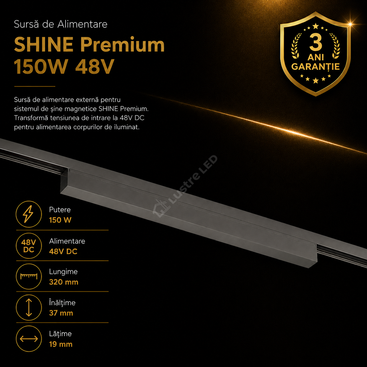 Sursa Alimentare Externa pentru Sina Magnetica SHINE TRACK Dark Nickel Premium 150W | 48V | 32CM