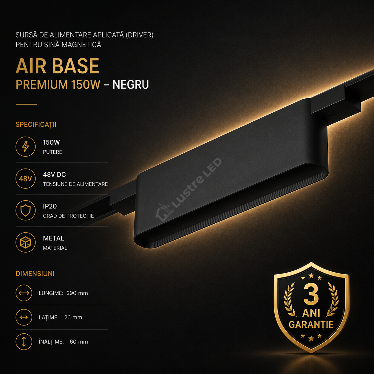 Sursă de Alimentare Aplicată pentru Șină Magnetică AIR BASE Black Premium 150W | 48V DC
