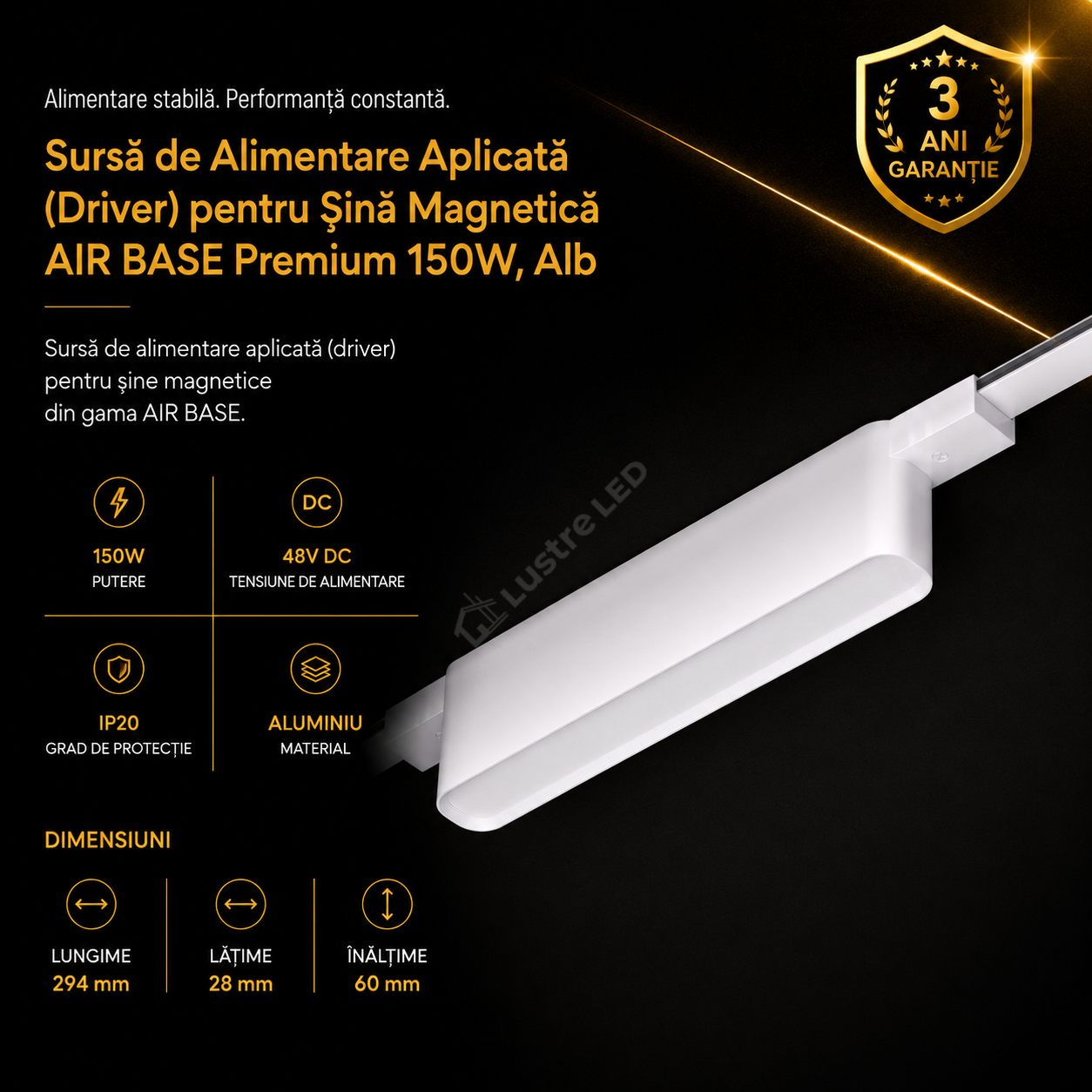 Sursă de Alimentare Aplicată pentru Șină Magnetică AIR BASE White Premium 150W | 48V DC