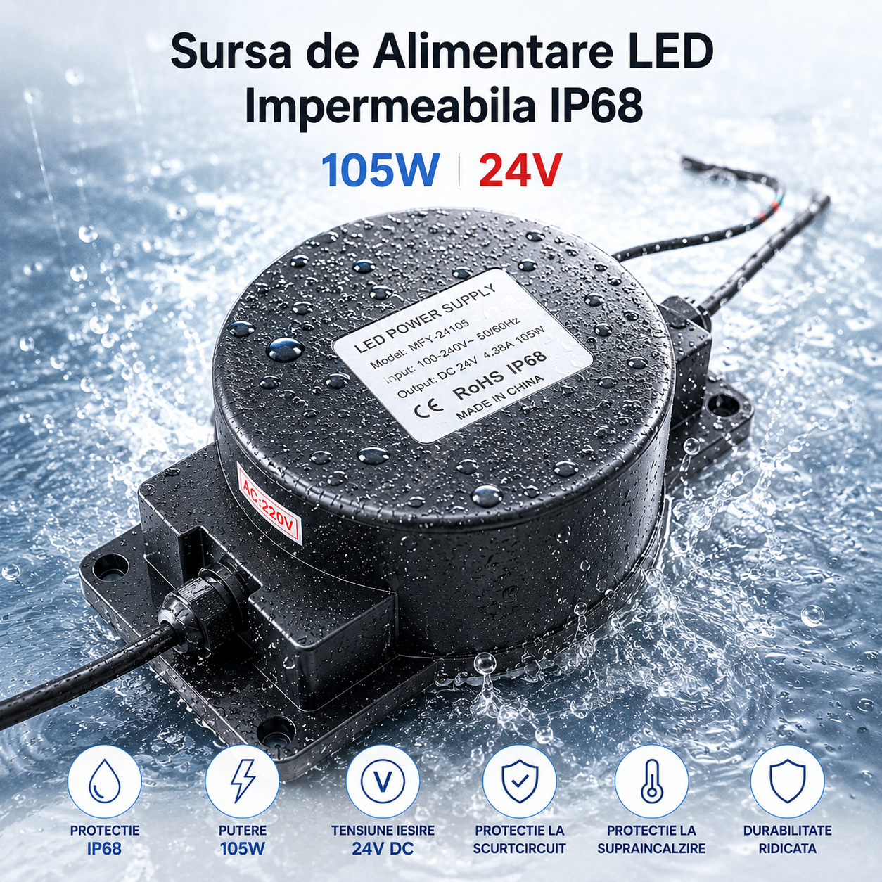 Sursa de Alimentare LED Impermeabila IP68 105W 24V