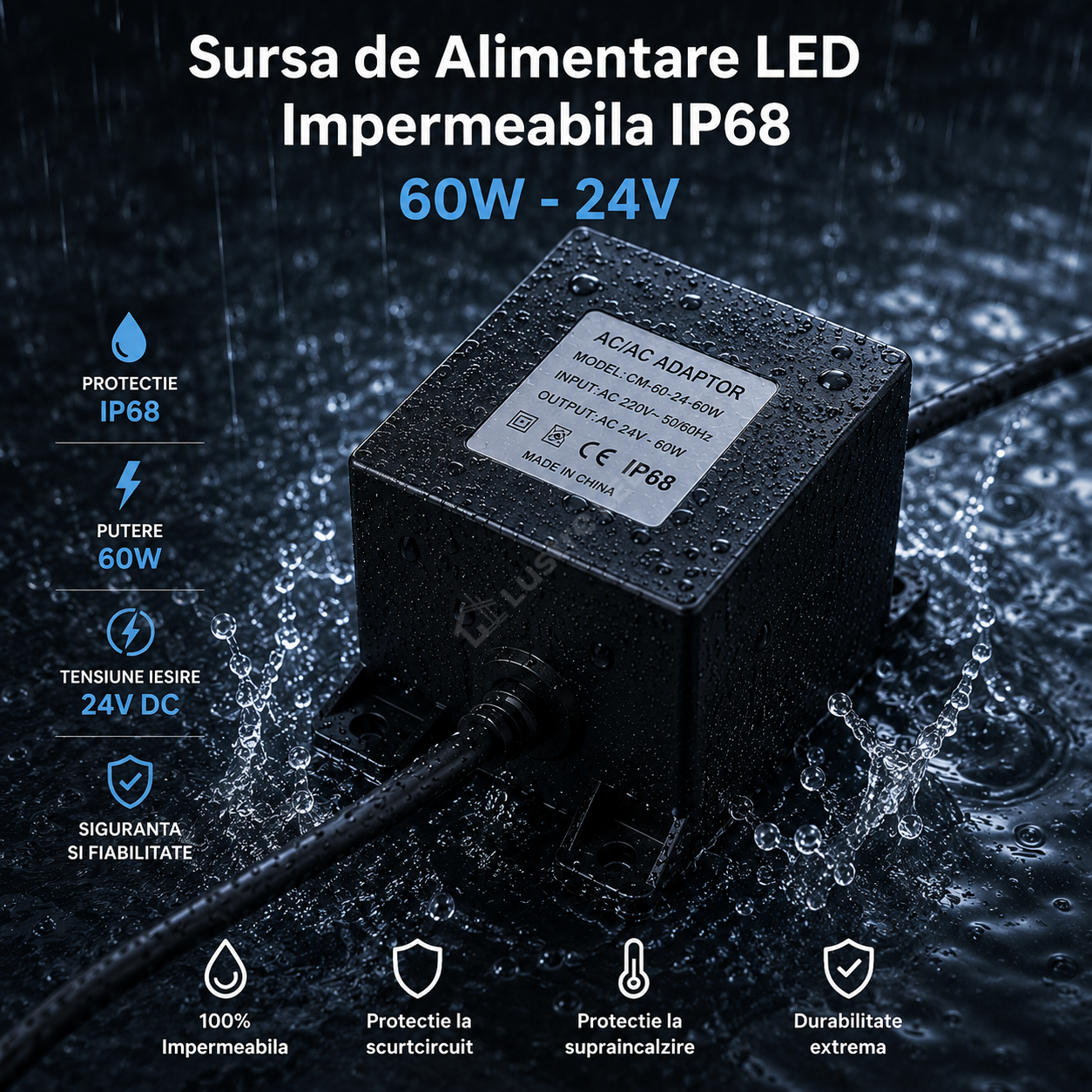 Sursa de Alimentare LED Impermeabila IP68 60W 24V