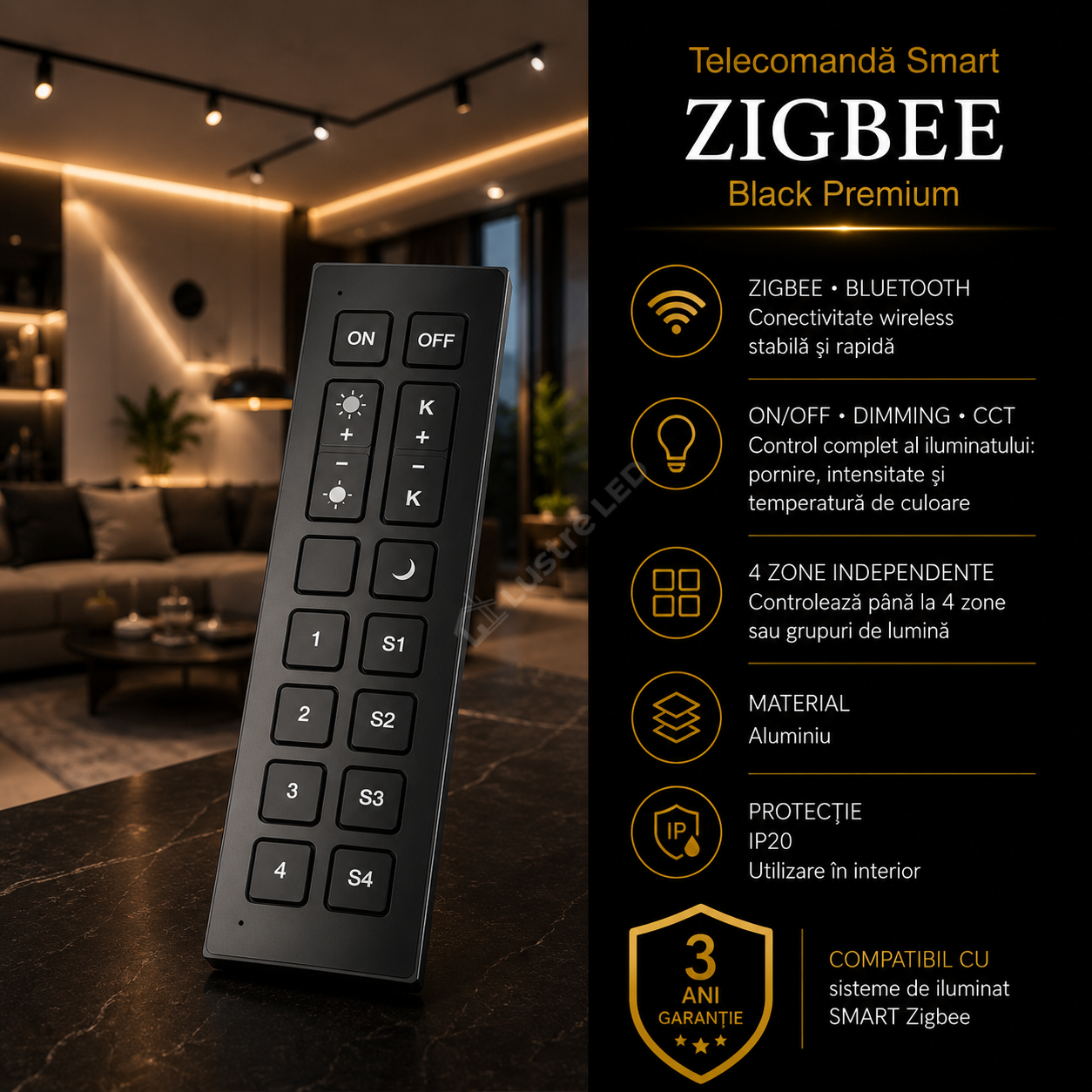 Telecomandă Smart Premium | ZigBee & Bluetooth | Black