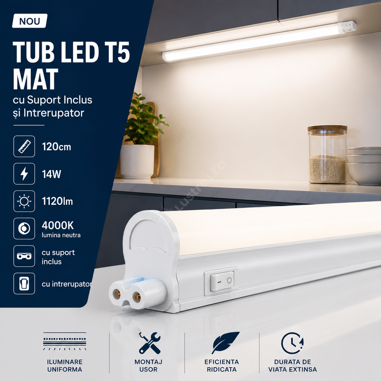 Tub LED T5 Mat cu Suport Inclus si Intrerupator 120cm 14W, 1120lm, 4000K