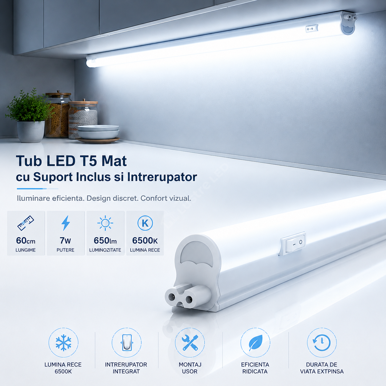 Tub LED T5 Mat cu Suport Inclus si Intrerupator 60cm 7W, 650lm, 6500K