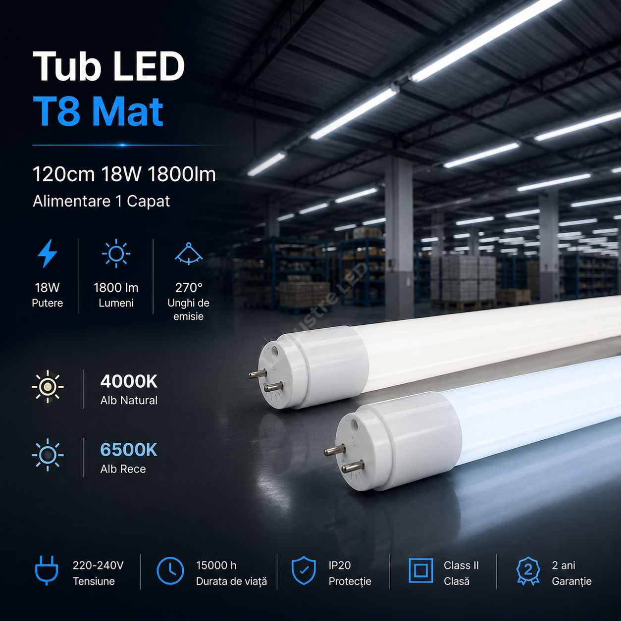 Tub LED T8 Mat 120cm 18W 1800lm Alimentare 1 Capat