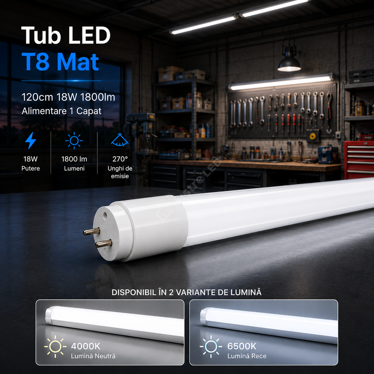 Tub LED T8 Mat 120cm 18W 1800lm Alimentare 1 Capat
