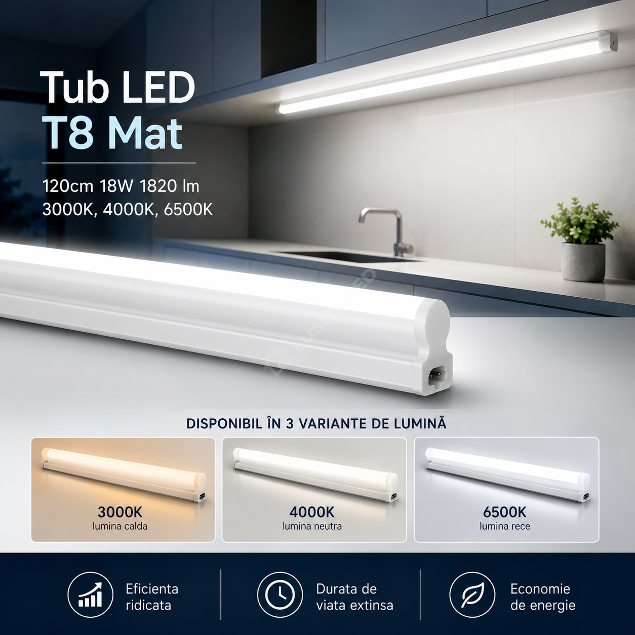Tub LED T8 Mat 120cm Suport inclus 18W 1820 lm CCT