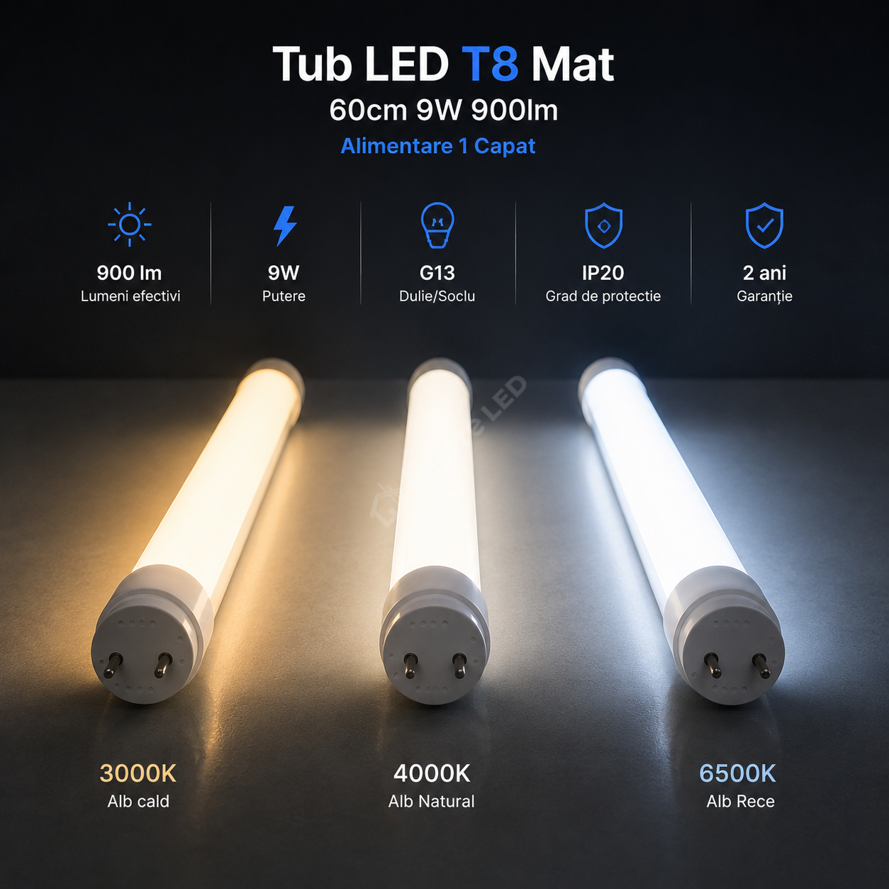 Tub LED T8 Mat 60cm 9W 900lm Alimentare 1 Capat