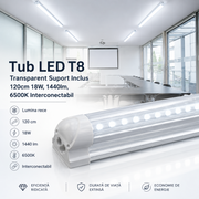 Tub LED T8 Transparent Suport Inclus 120cm 18W, 1440lm, 6500K Interconectabil