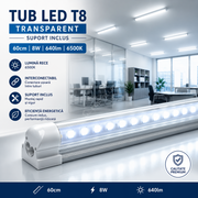 Tub LED T8 Transparent Suport Inclus 60cm 8W, 640lm, 6500K Interconectabil