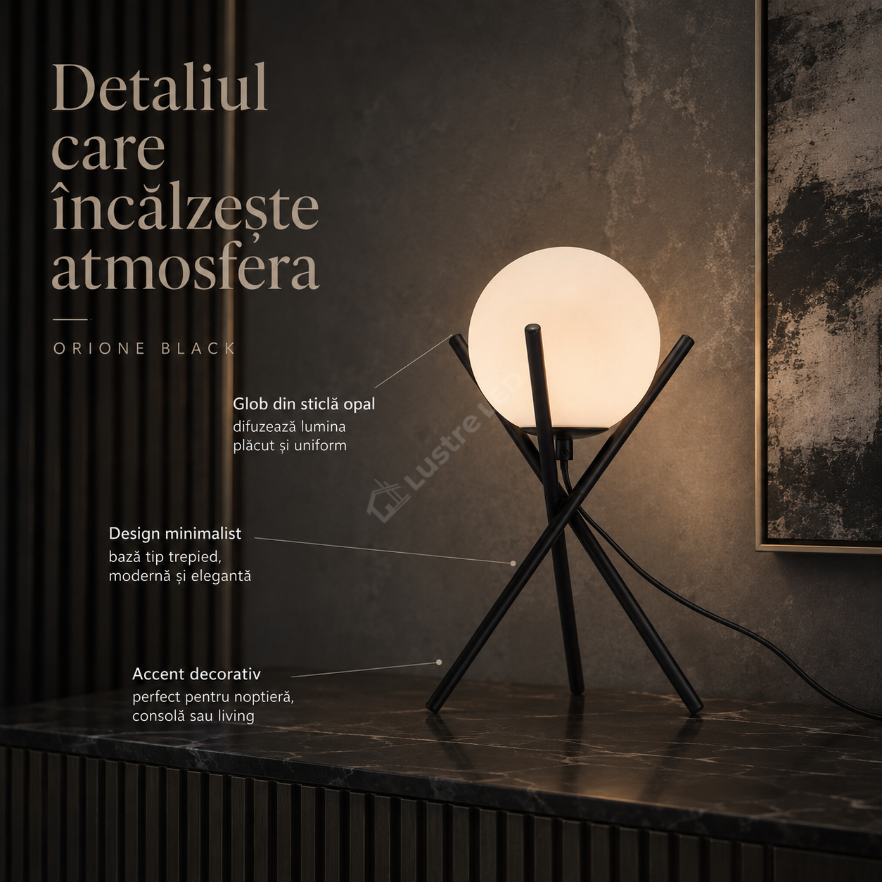 Veioza Abajur ORIONE Black Trepied 1xG9 cu Abajur
