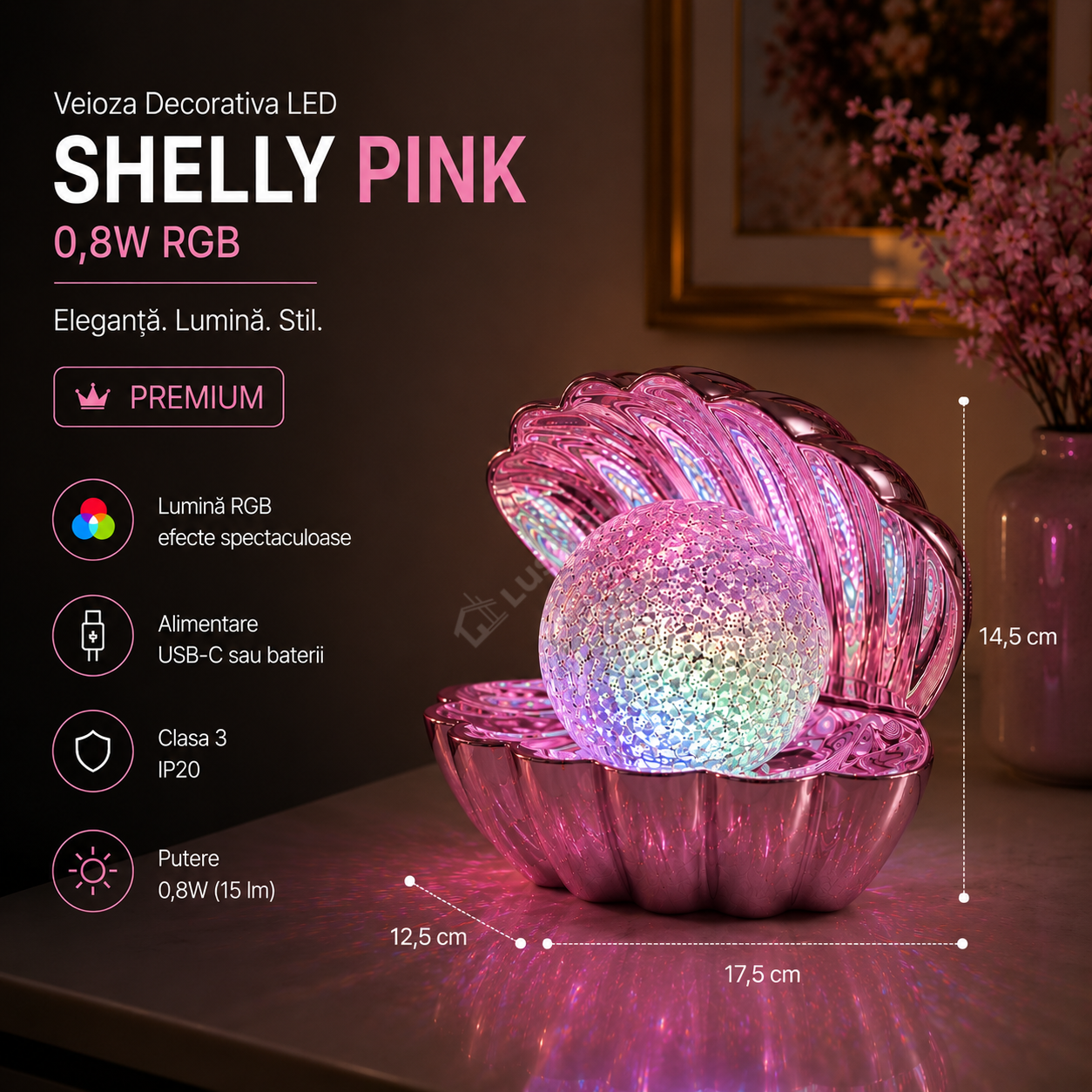 Veioza Decorativa LED SHELLY 0,8W RGB Pink