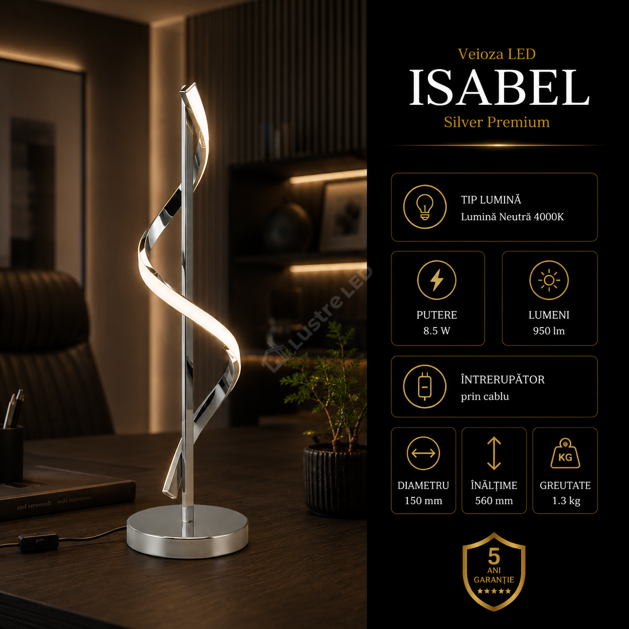 Veioza LED Premium Isabel Silver 8.5W | 56CM | 4000K