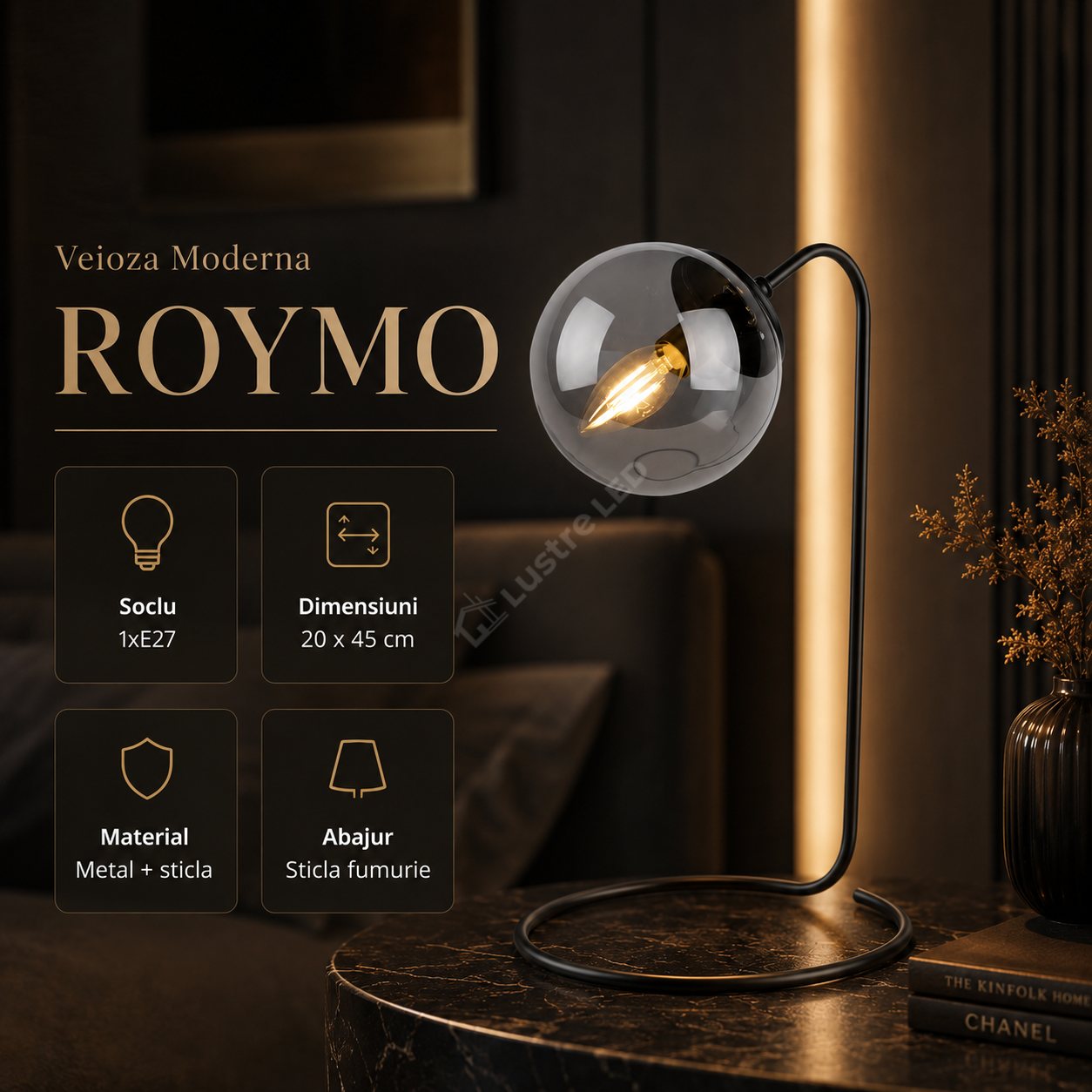 Veioza Moderna ROYMO Black 1xE27 cu Abajur 45CM