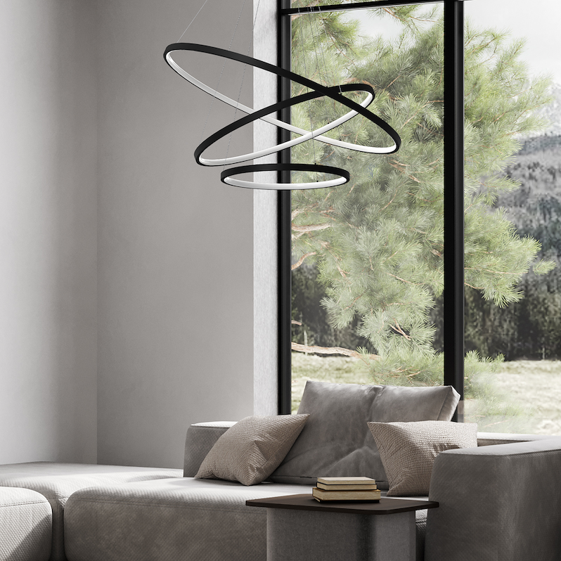 Lustra LED Suspendata Hoop Black Premium 3 Segmente Reglabile Echivalent 600W