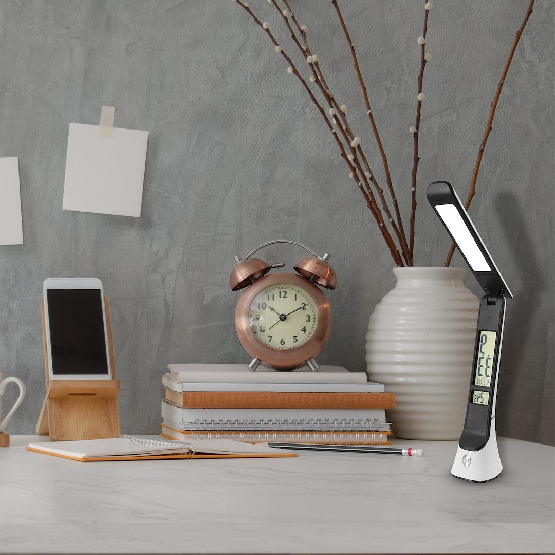 Lampa LED Birou Tori Black & White Premium Reglabila cu Ceas si Termometru