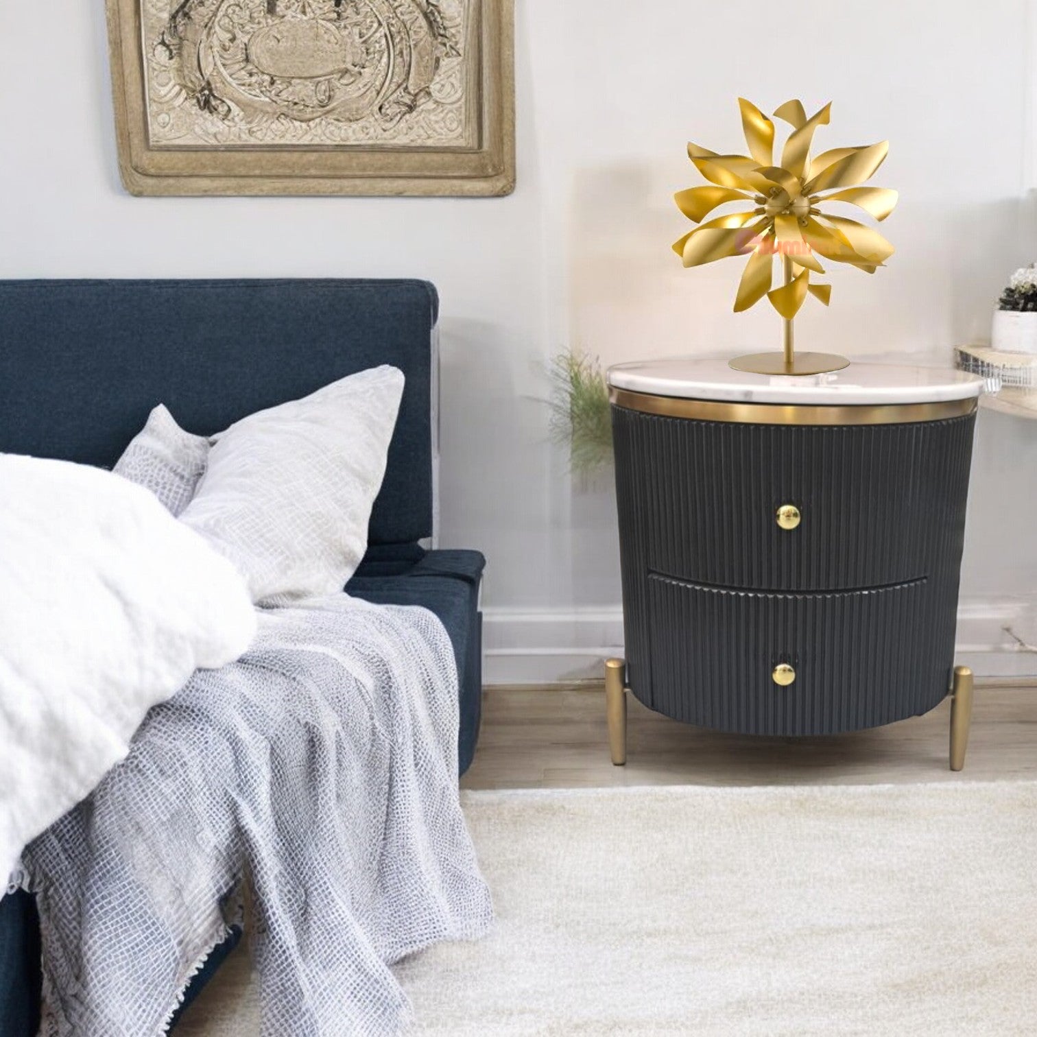 Noptiera cu 2 Sertare Luxury Line cu Blat din Marmura Tiffany Neagra