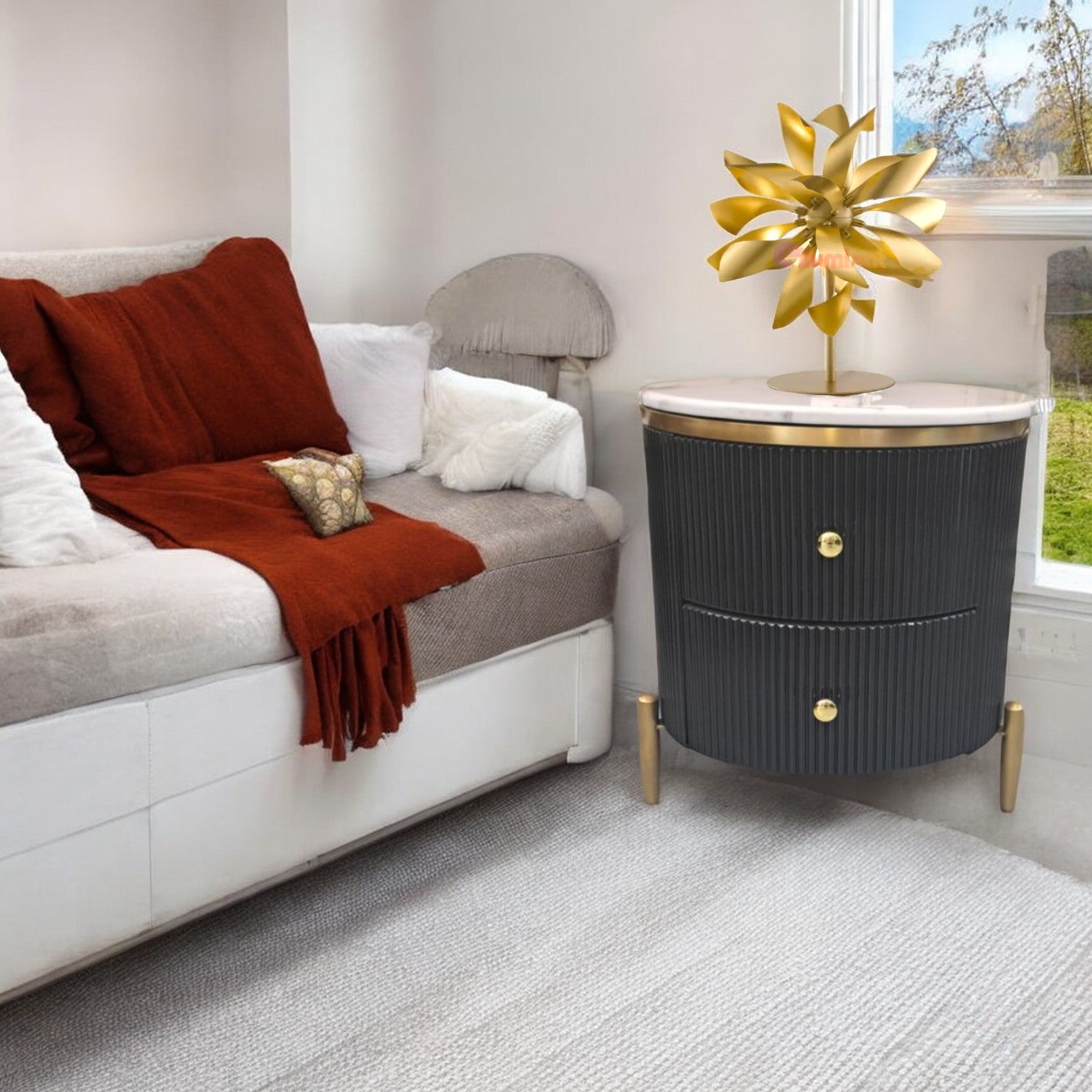 Noptiera cu 2 Sertare Luxury Line cu Blat din Marmura Tiffany Neagra