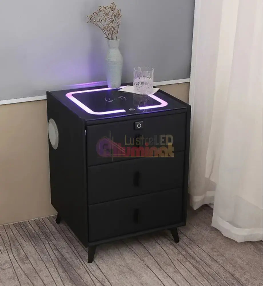 Noptiera Neagra Smart Cu Incarcare Wireless Lumini Amprenta Si Boxa Bluetooth Nightstand