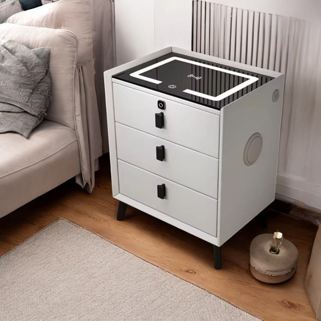 Noptiera Alba Smart cu Incarcare Wireless, Lumini, Amprenta si Boxa Bluetooth