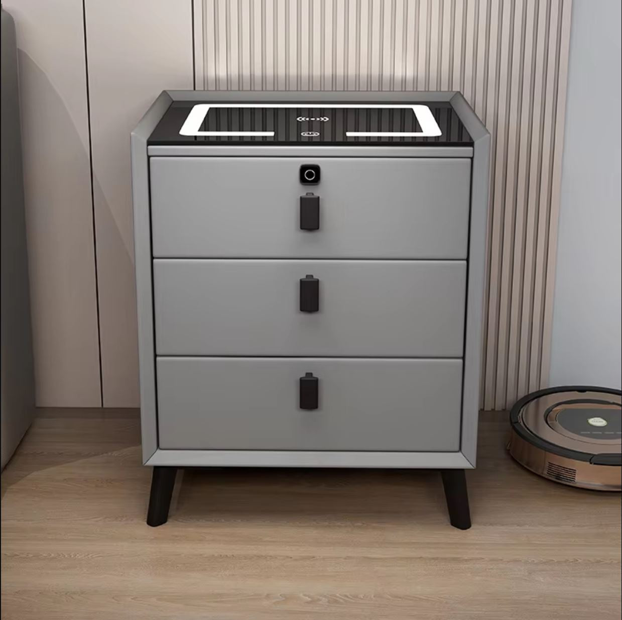 Noptiera Gri Smart cu Incarcare Wireless, Lumini, Amprenta si Boxa Bluetooth