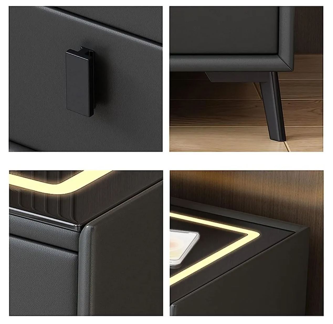 Noptiera Neagra Smart cu Incarcare Wireless, Lumini, Amprenta si Boxa Bluetooth