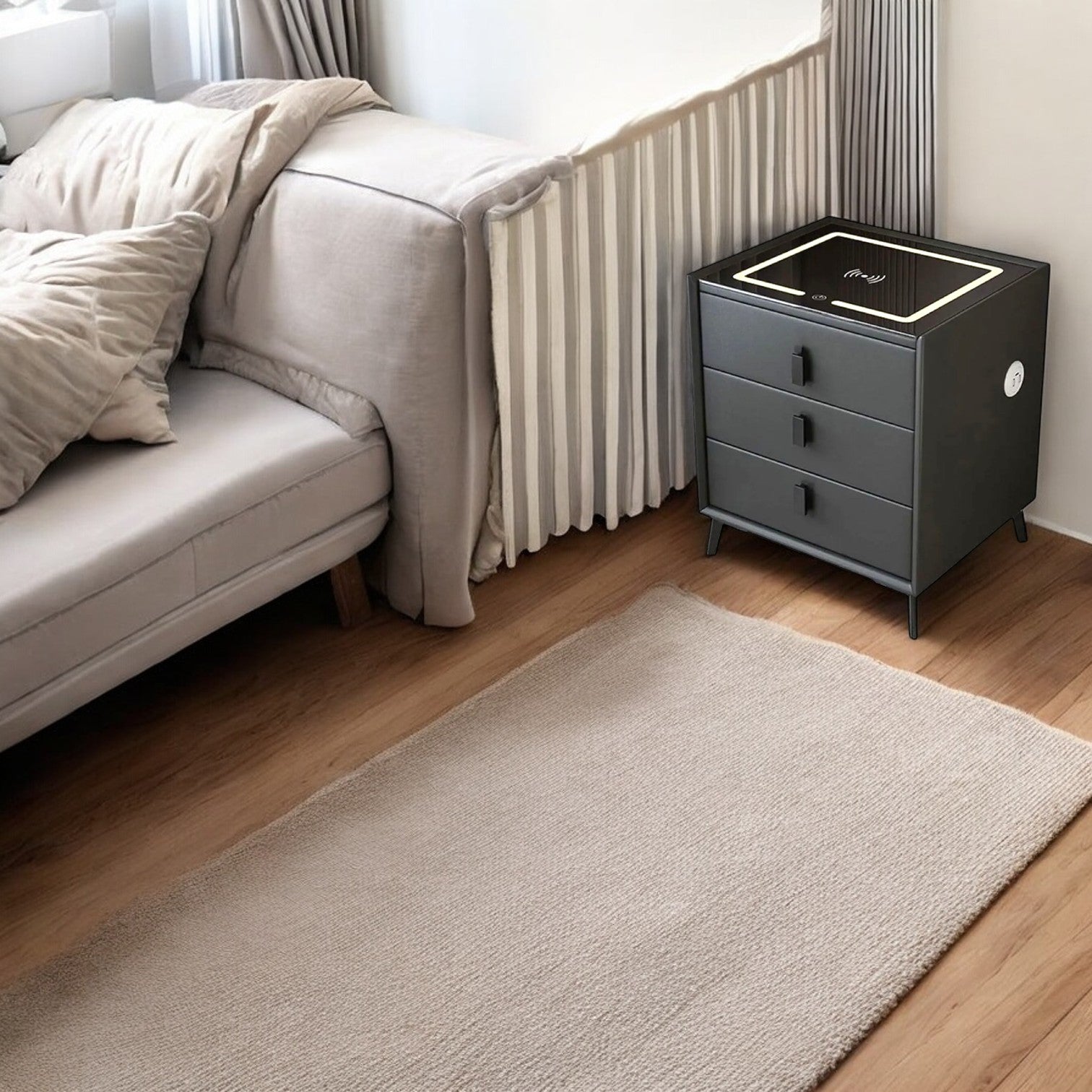 Noptiera Neagra Smart cu Incarcare Wireless, Lumini, Amprenta si Boxa Bluetooth