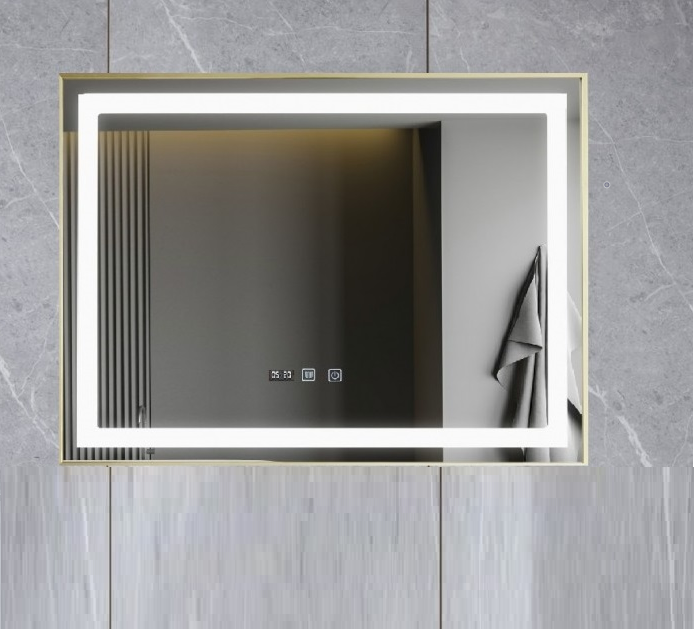 Oglinda LED 100x65cm cu Rama Aurie Functie Dezaburire Touch si Ceas J21