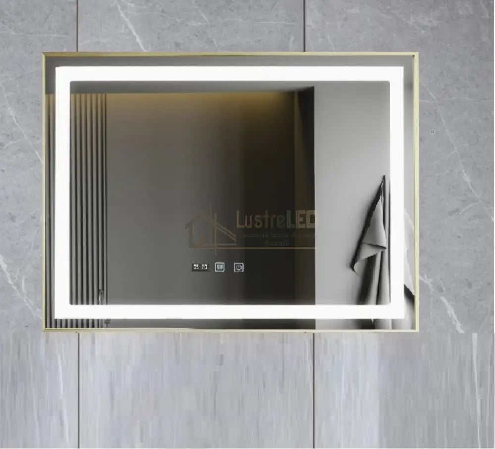 Oglinda Led 100X65Cm Cu Rama Aurie Functie Dezaburire Touch Si Ceas J21
