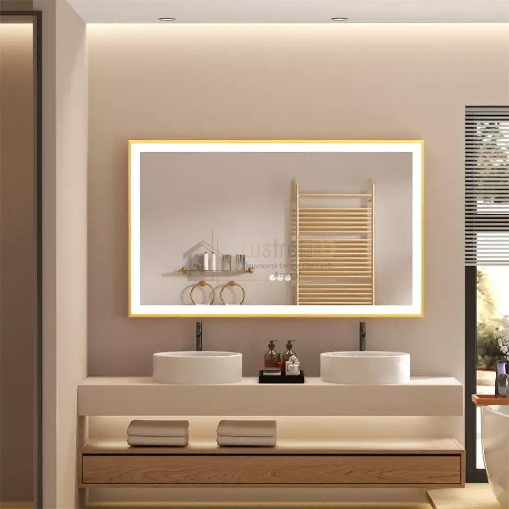 Oglinda Led 100X65Cm Cu Rama Aurie Functie Dezaburire Touch Si Ceas J21