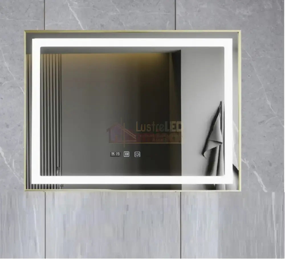 Oglinda Led 100X65Cm Cu Rama Aurie Functie Dezaburire Touch Si Ceas J21 Mirror