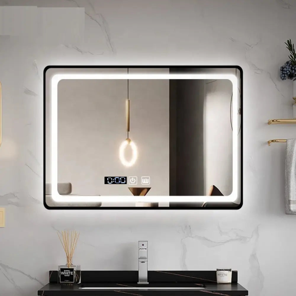 Oglinda Led 100X65Cm Cu Rama Neagra Functie Dezaburire Touch Si Ceas J17 Led Mirror