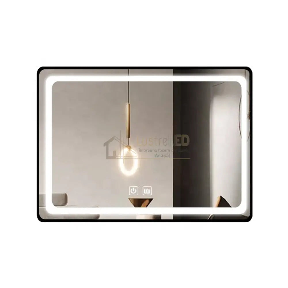 Oglinda Led 100X65Cm Cu Rama Neagra Functie Dezaburire Touch Si Ceas J17 Led Mirror