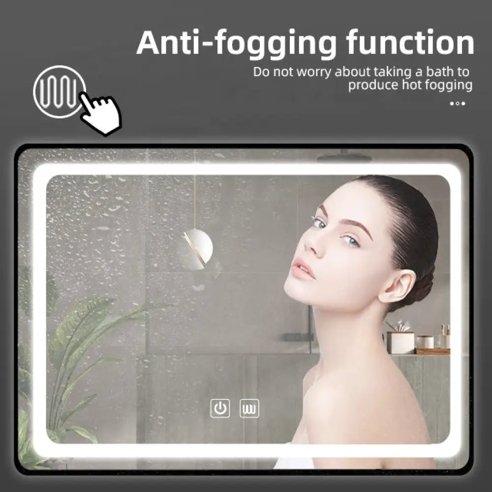 Oglinda Led 100X65Cm Cu Rama Neagra Functie Dezaburire Touch Si Ceas J17 Led Mirror