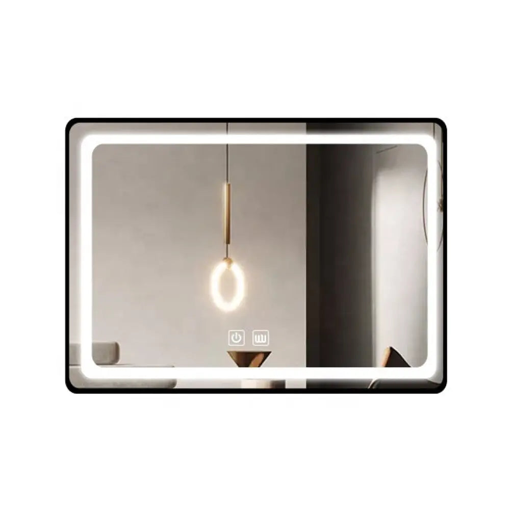 Oglinda Led 100X65Cm Cu Rama Neagra Functie Dezaburire Touch Si Ceas J17 Led Mirror