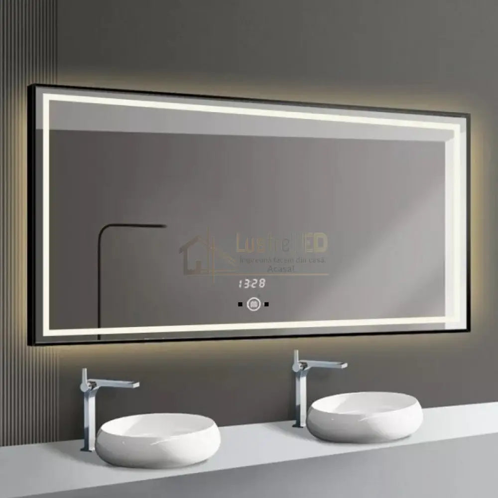 Oglinda Led 100X65Cm Cu Rama Neagra Functie Touch Senzor De Miscare Si Ceas J31 Led Mirror