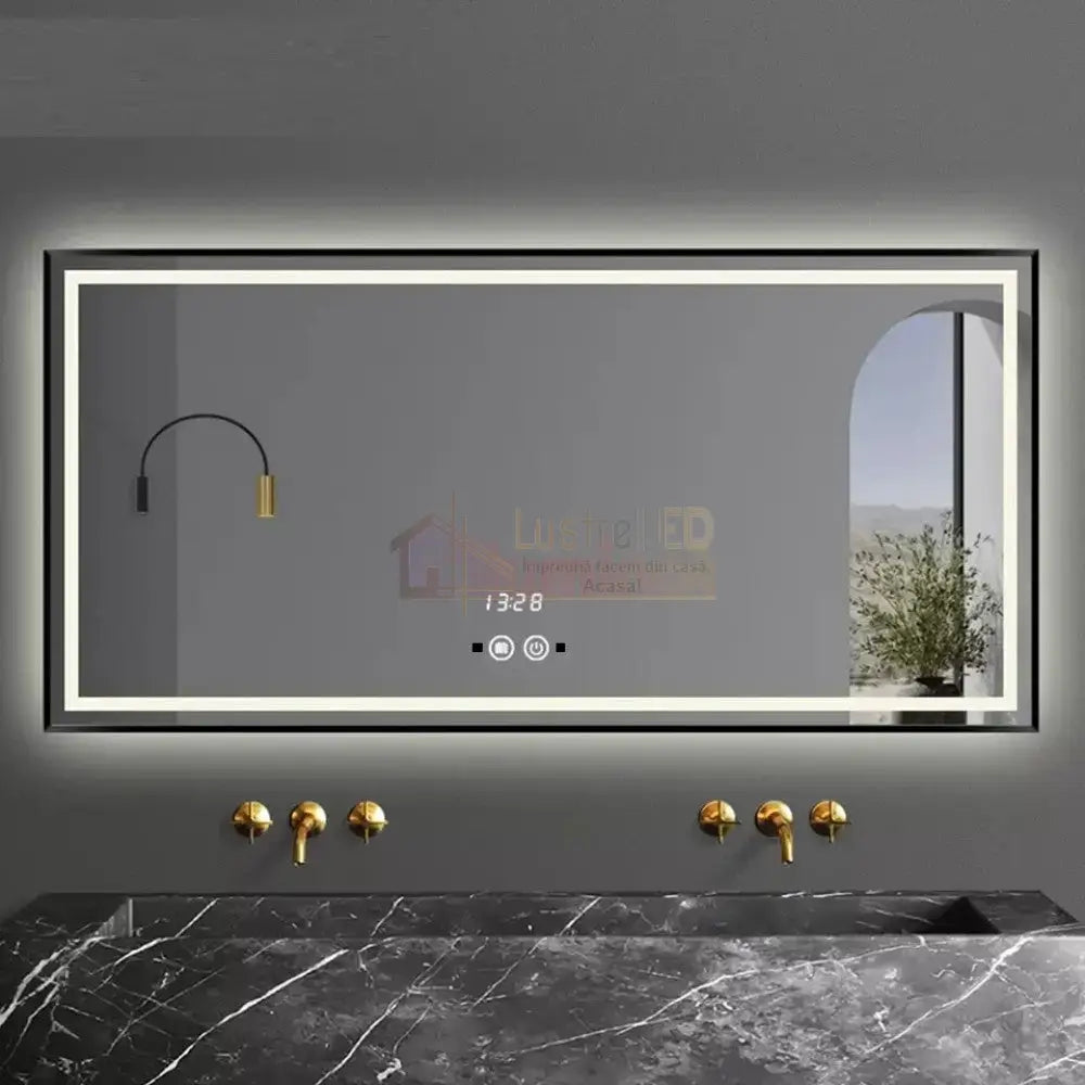 Oglinda Led 100X65Cm Cu Rama Neagra Functie Touch Senzor De Miscare Si Ceas J31 Mirror
