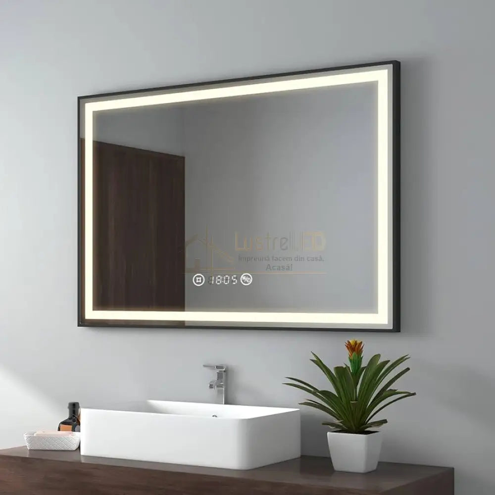 Oglinda LED 100x70cm Rama Neagra Senzor Dezaburire 3 Lumini Temperatura si Ceas W03 led mirror