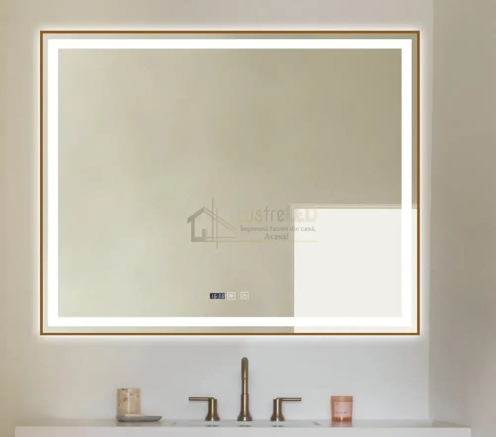 Oglinda Led 100X80Cm Cu Rama Aurie Functie Dezaburire Touch Si Ceas J44