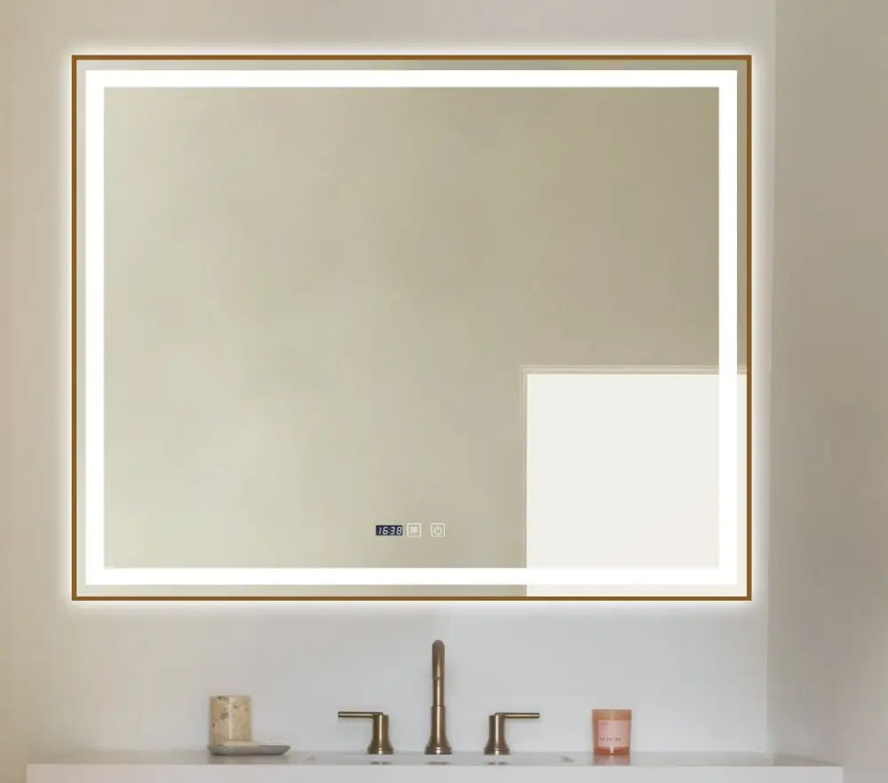 Oglinda Led 100X80Cm Cu Rama Aurie Functie Dezaburire Touch Si Ceas J44