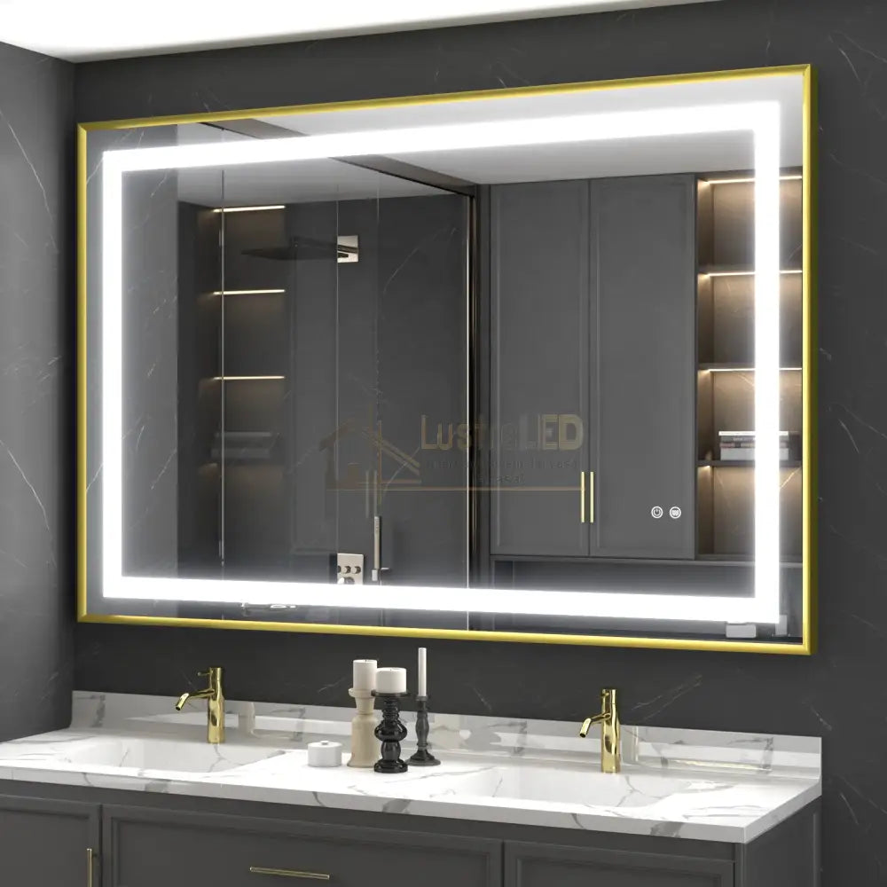 Oglinda Led 100X80Cm Cu Rama Aurie Functie Dezaburire Touch Si Ceas J44