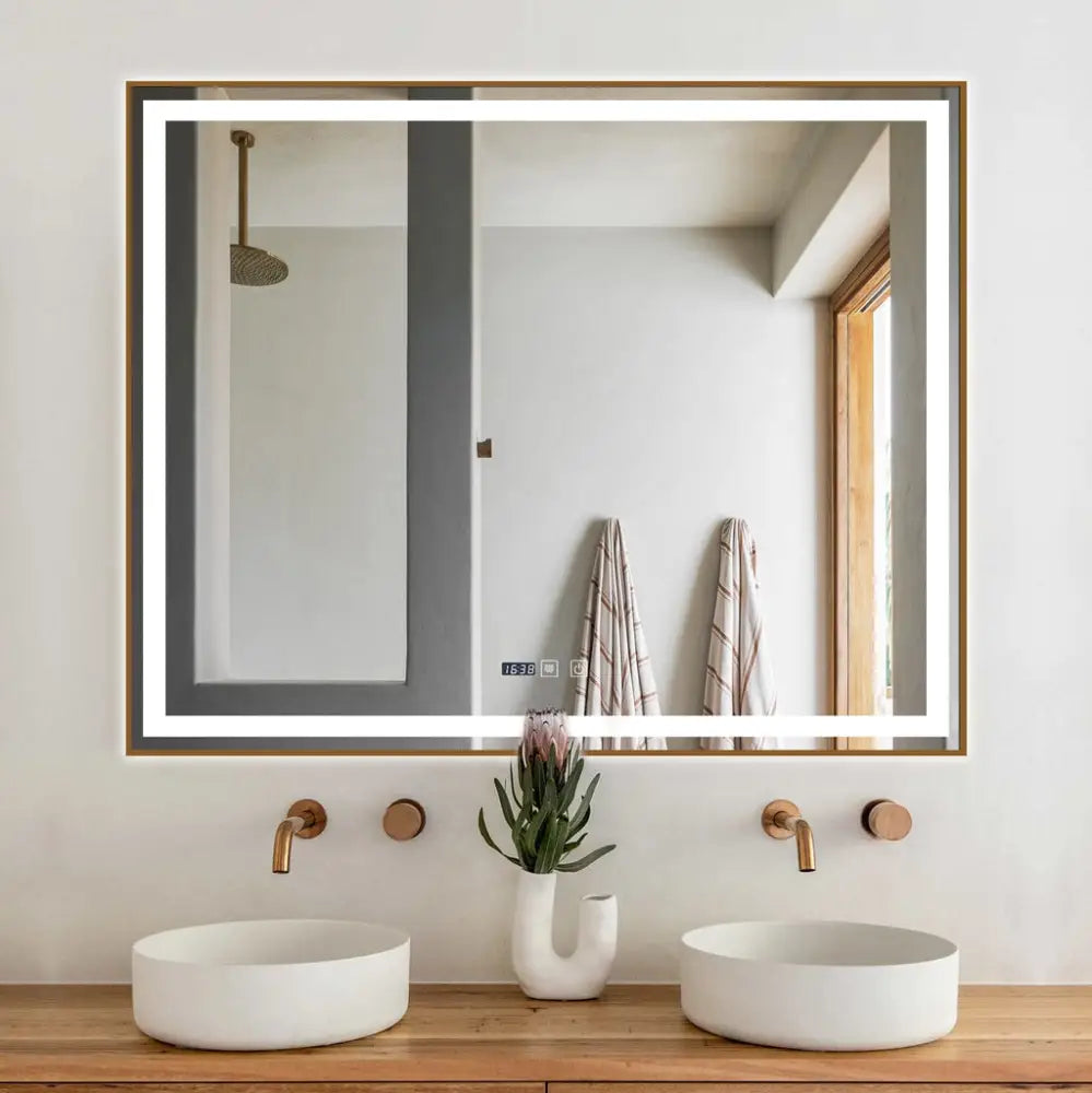 Oglinda Led 100X80Cm Cu Rama Aurie Functie Dezaburire Touch Si Ceas J44