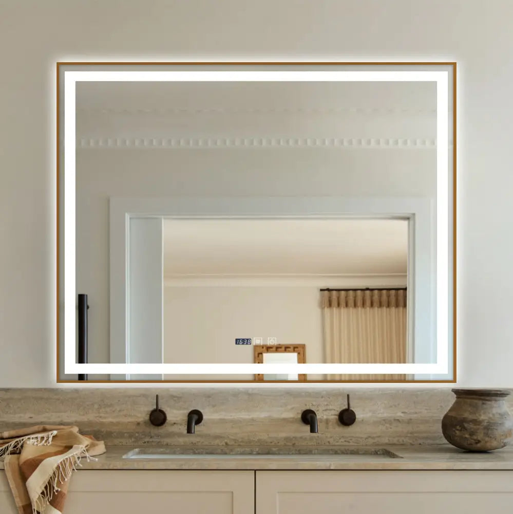 Oglinda Led 100X80Cm Cu Rama Aurie Functie Dezaburire Touch Si Ceas J44