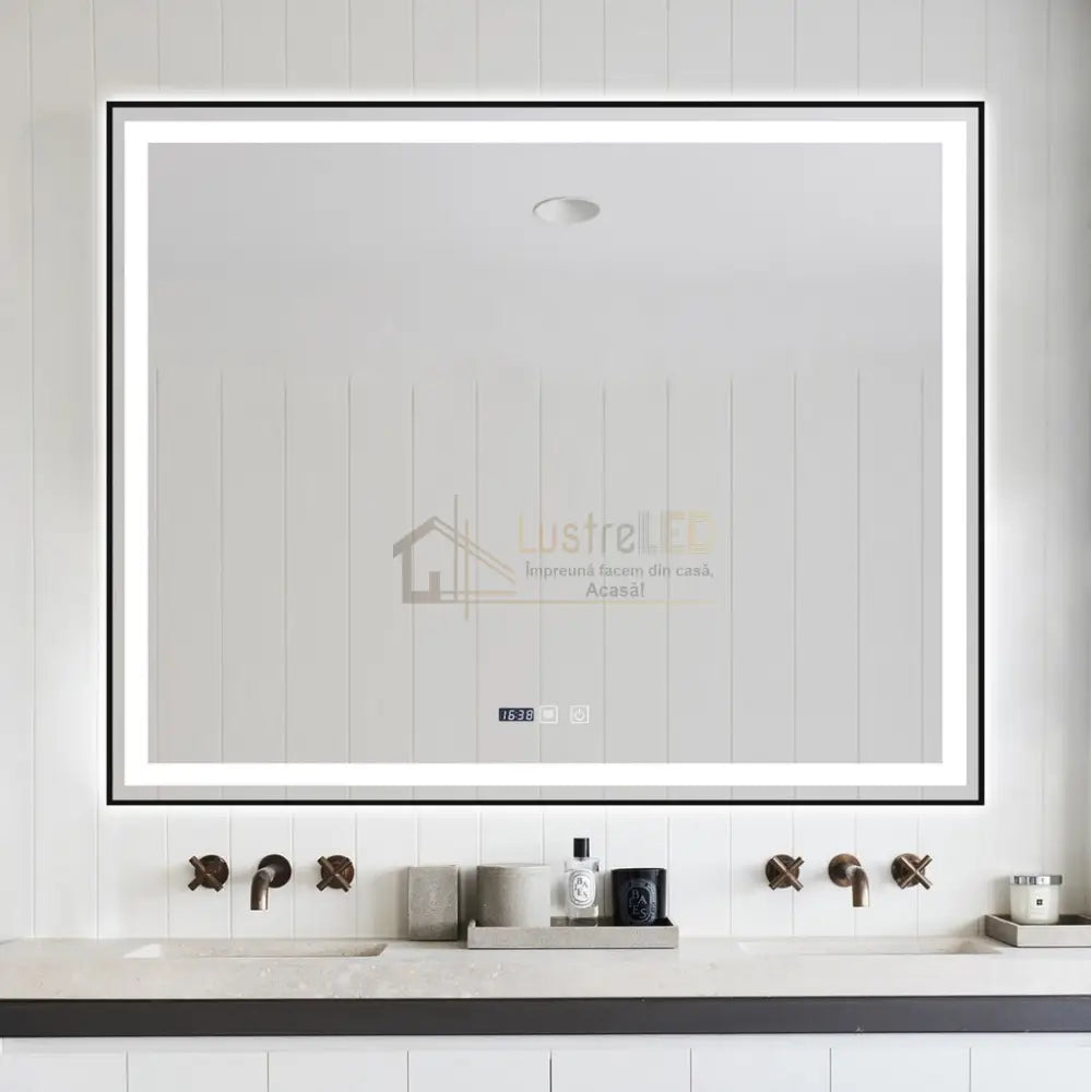 Oglinda Led 100X80Cm Cu Rama Neagra Functie Dezaburire Touch Si Ceas J42 Led Mirror
