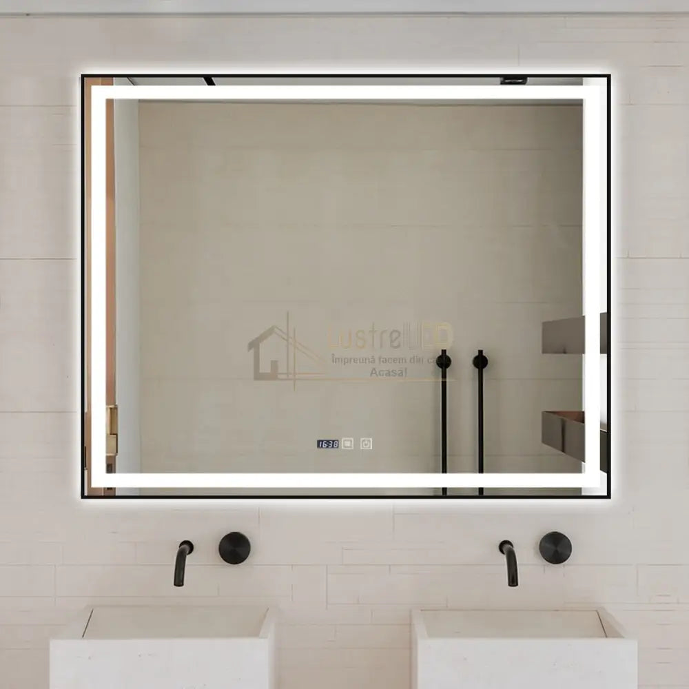 Oglinda Led 100X80Cm Cu Rama Neagra Functie Dezaburire Touch Si Ceas J42 Led Mirror