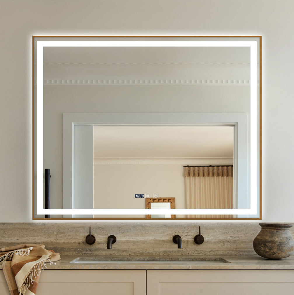 Oglinda LED 100x80cm cu Rama Aurie Functie Dezaburire, Touch si Ceas J44