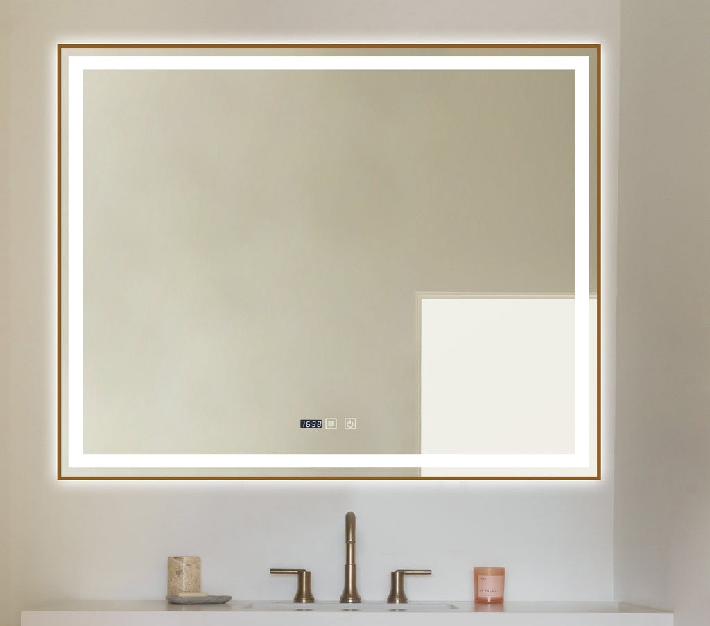 Oglinda LED 100x80cm cu Rama Aurie Functie Dezaburire, Touch si Ceas J44